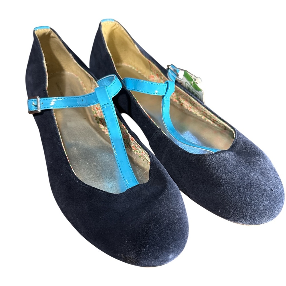 Preppy Lands' End Brand Navy and Blue T-Strap Women's Flats Size 6M NWT